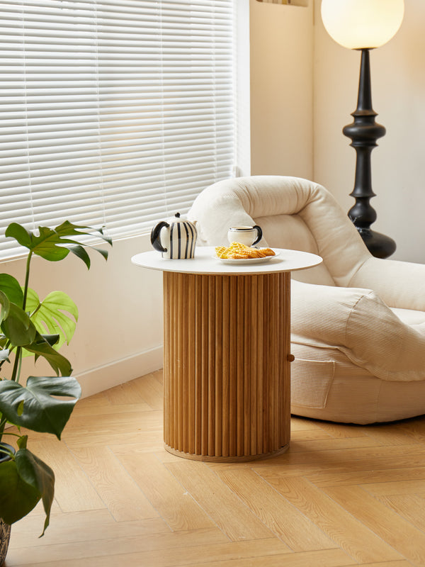 Solid wood and marble-effect side table