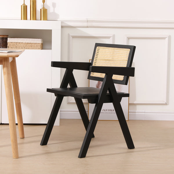 Wood and black cane armchair