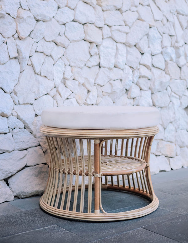 SERAM - Natural rattan and beige fabric pouffe