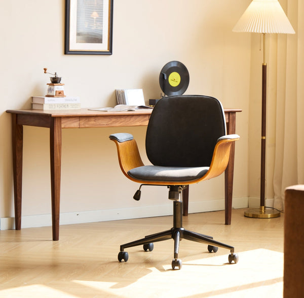 KOLDING - Wood and black imitation leather office chair