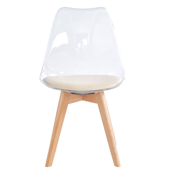 Set of 4 transparent chairs with wooden legs and beige seat