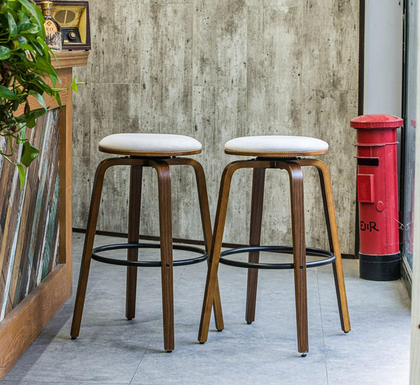 Set of 2 beige velvet and wood bar stools