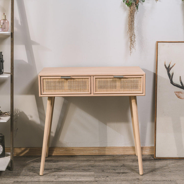 2-drawer console in wood and natural rattan