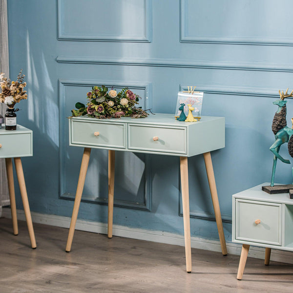 2-drawer wooden console in mint green