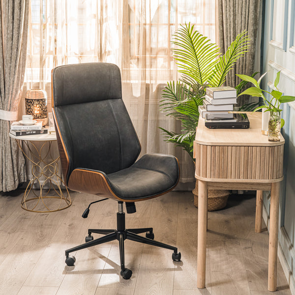 Wood and black imitation leather office chair