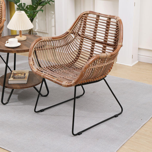 Set of 2 metal and natural rattan armchairs