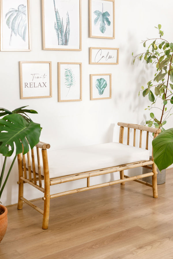 Bench in solid bamboo and beige fabric