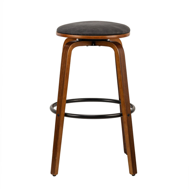 Set of 2 wood and black imitation leather bar stools
