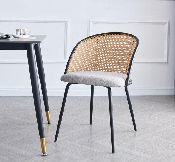Set of 2 metal and cane chairs with grey fabric seat