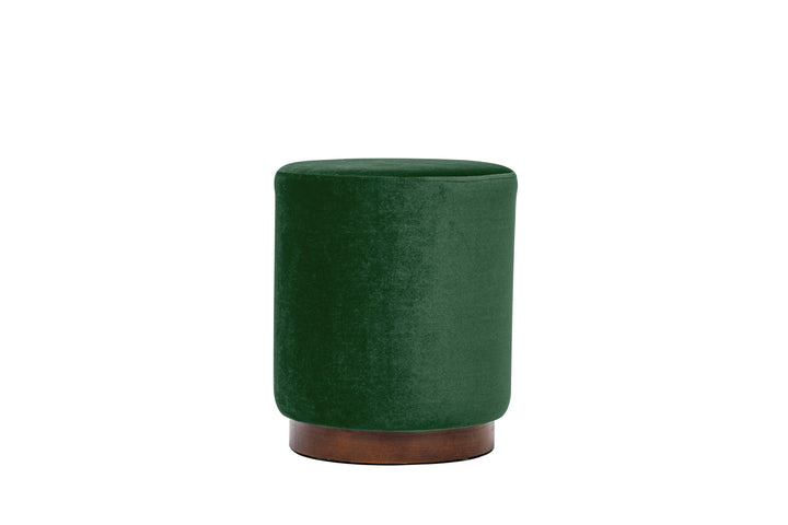 Green velvet pouf with wooden base