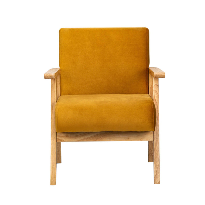 Solid wood and yellow velvet armchair