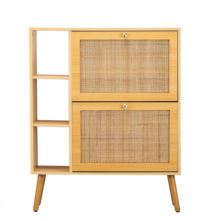 Wood and rattan 2-drawer shoe cabinet