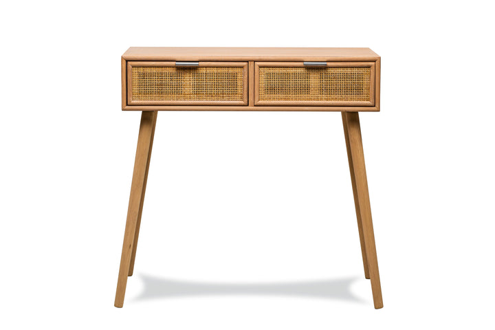 2-drawer console in wood and natural rattan