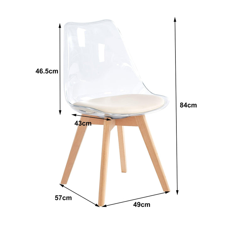 Set of 4 transparent chairs with wooden legs and white wool