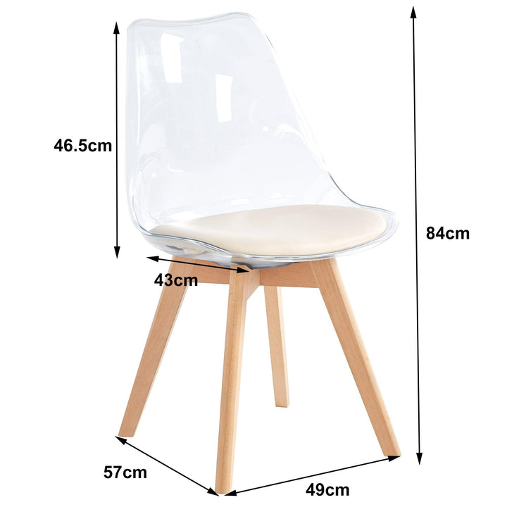 Set of 4 transparent chairs with wooden legs and beige seat