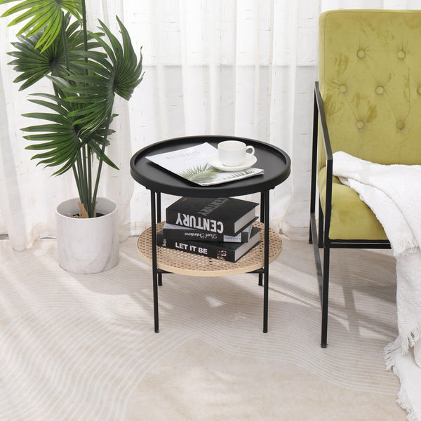 Metal side table with natural rattan storage