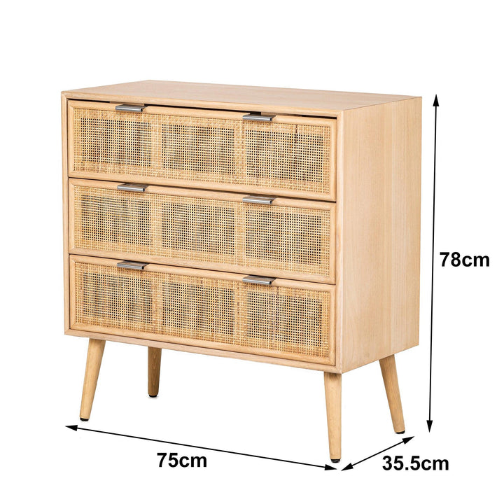 3-drawer chest in wood and natural rattan