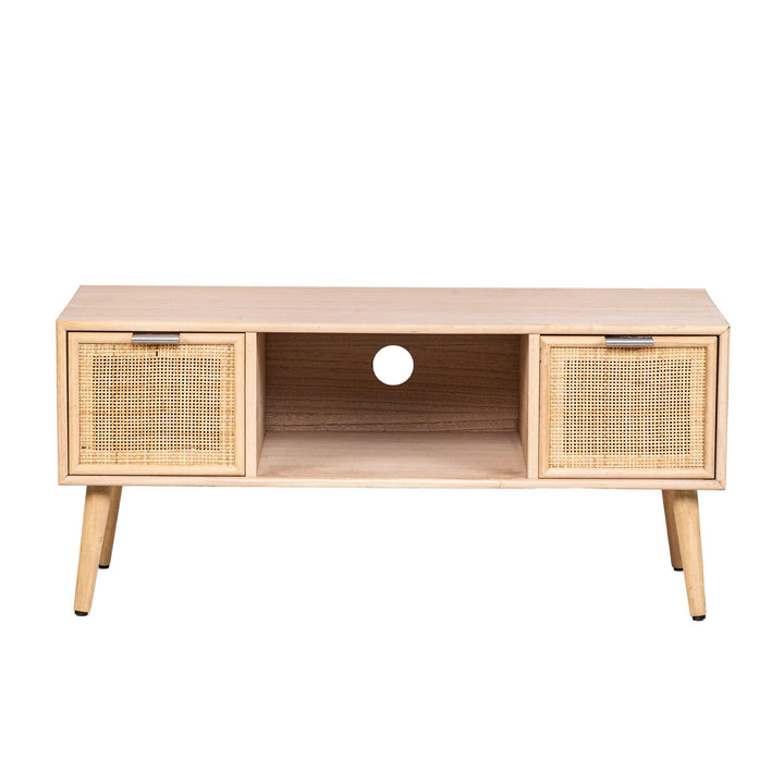 Wood and rattan 2-drawer TV stand