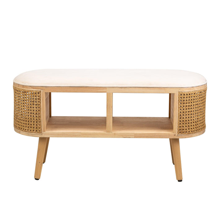 Bench with storage in rattan and beige velvet