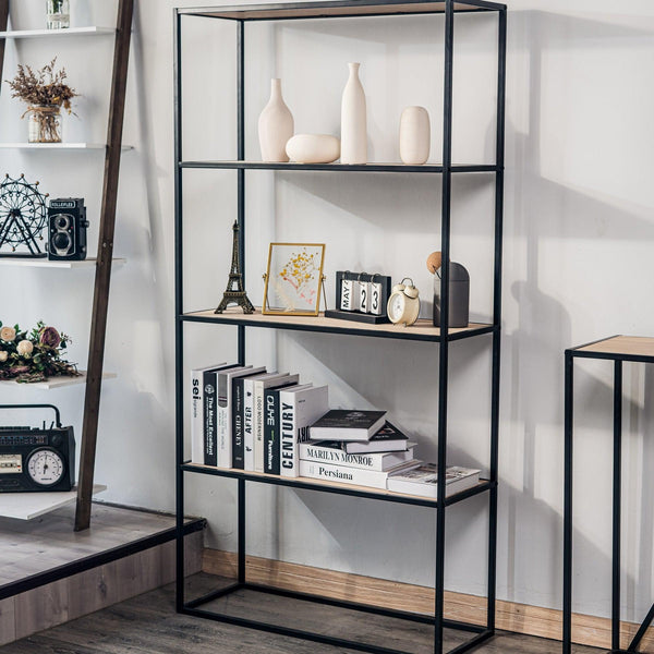 Industrial-style 4-level shelf in wood and black metal