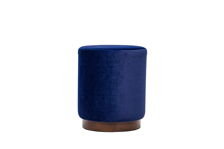 Blue velvet pouf with wooden base